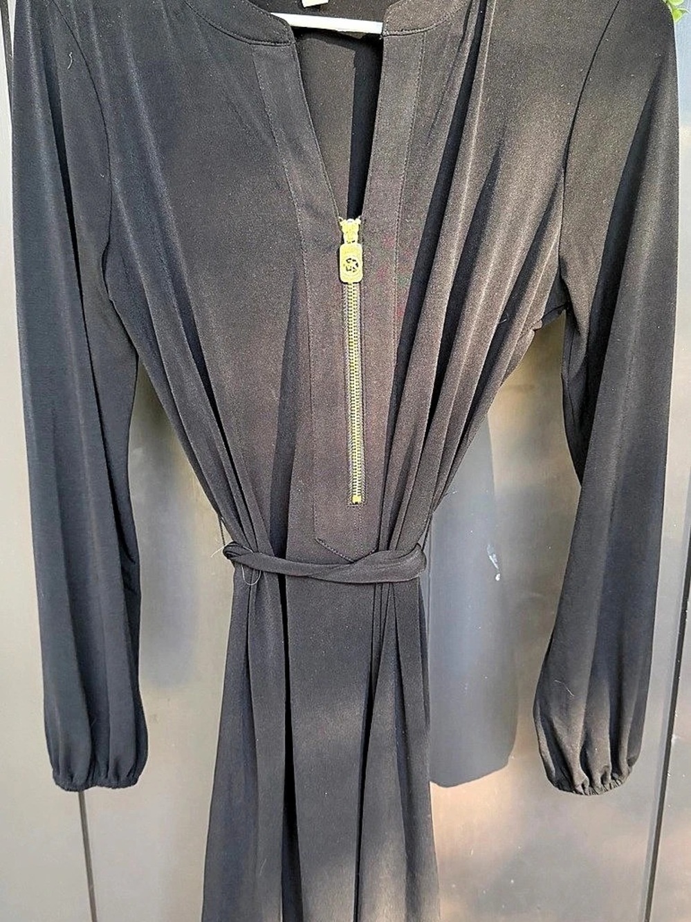 Michael Kors Long-Sleeve Zip Front Dress with Waist Tie Mini Dress Black Medium